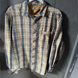 REI Men's Casual Button Snap Plaid Shirt - Blue, Yellow, Cream